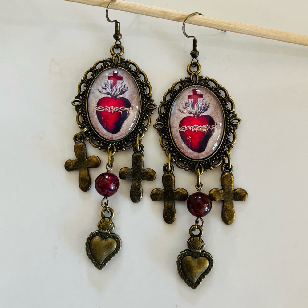 Sacred Heart Vintage Style Earrings Brass Setting Chrysocolla Beads